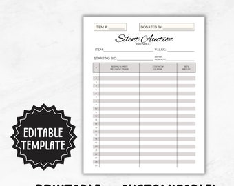 Silent Auction Bid Sheet Template | Editable Silent Auction Sign Up Sheet | Printable Silent Auction Bid Form | Auction Bidding Sheet