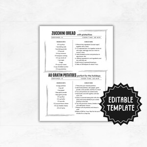 Recipe Card Template | Editable Recipe Cards | Minimal Recipe Card | DIY Recipe Book Template | Printable Recipe Cards