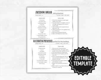 Recipe Card Template | Editable Recipe Cards | Minimal Recipe Card | DIY Recipe Book Template | Printable Recipe Cards