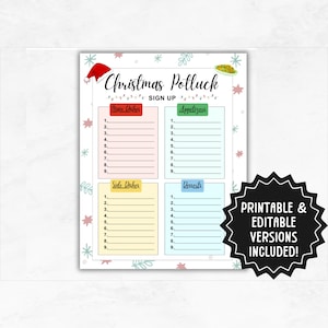 May include: Printable Christmas potluck sign up sheet with four sections: Main Dishes, Appetizers, Side Dishes, and Desserts. Each section has nine lines for listing items. The sheet is decorated with festive Christmas graphics.