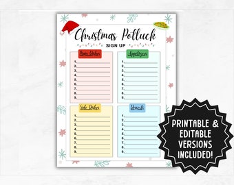 Christmas Potluck Sign Up Sheet Template | Printable Holiday Office Sign Up Sheet | Company Potluck Sign-Up