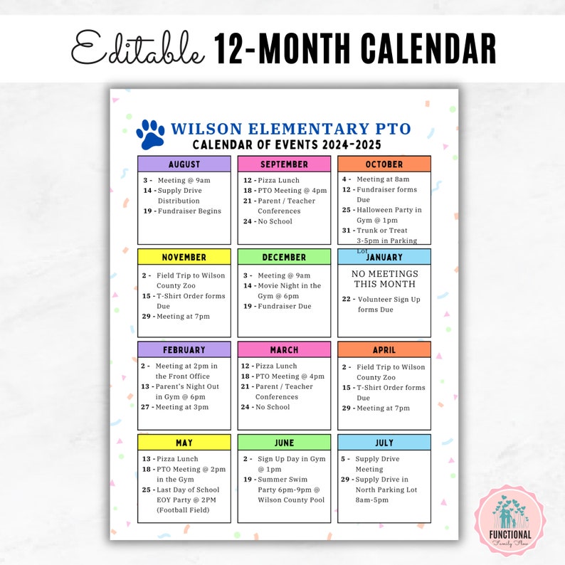 Puede incluir: Un calendario imprimible colorido para el PTO de la escuela primaria Wilson con eventos enumerados para cada mes del a&ntilde;o escolar 2024-2025. El calendario incluye eventos como reuniones, excursiones, recaudaciones de fondos y eventos escolares.