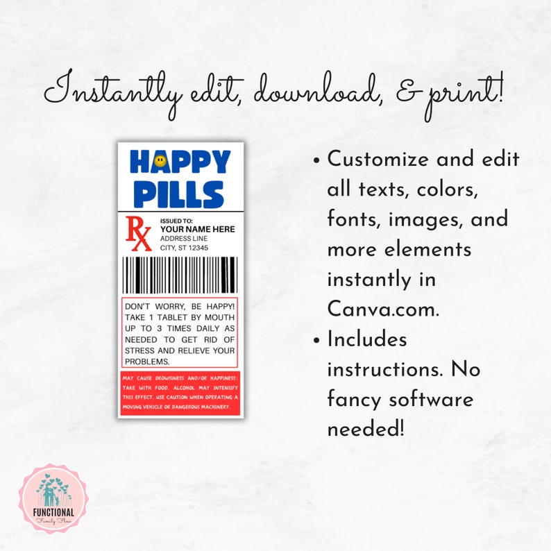 Op de afbeelding: Een printbaar ontwerp met een receptlabel voor "HAPPY PILLS". Het label is wit met blauwe en rode tekst, inclusief de woorden "HAPPY PILLS" en ruimte voor een naam en adres. Het ontwerp bevat instructies en een barcode.