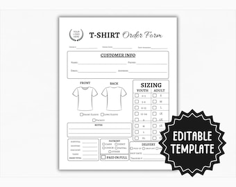 Editable T-shirt Order Form | Tshirt Order Template | Custom T Shirt Order Form | Craft Small Business Order Form