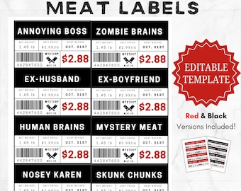 Etiquetas de carne editáveis para o Halloween | Adesivos de carne para impressão | Etiquetas de carne falsas | Etiquetas de carne personalizadas para o Halloween | Etiquetas de carne falsas