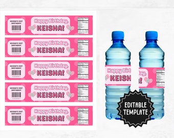 Birthday Water Bottle Label Template | Editable Water Bottle Labels | Printable Water Bottle Labels for Birthday | Pink Water Bottle Labels