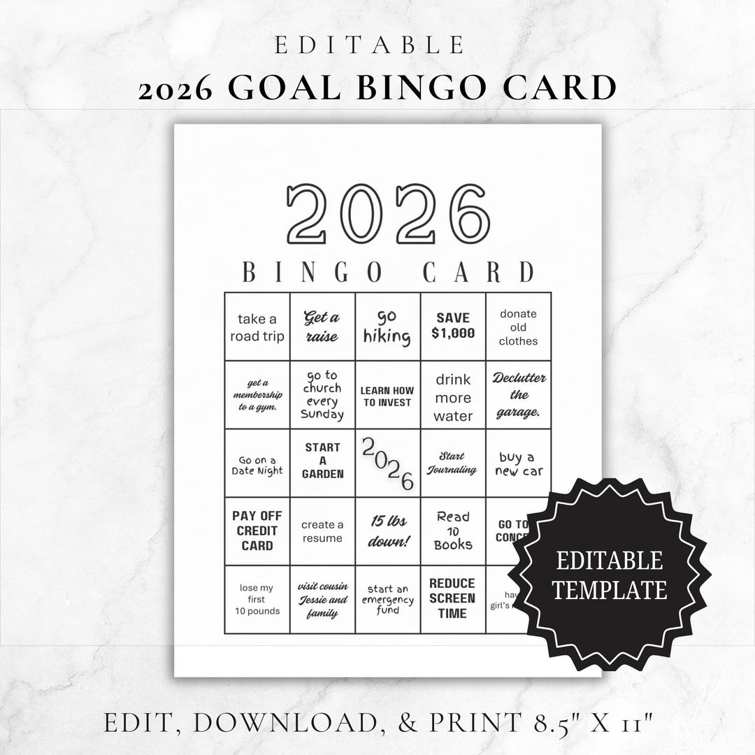 2026 Goal Bingo Card Template | New Year Bingo | Editable Vision Board ...