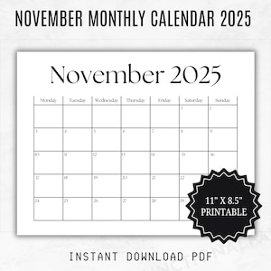 November 2025 Monthly Calendar | Printable Dated November 2025 Calendar Page | Blank Monthly Calendar 2025 Printable | Monday Start