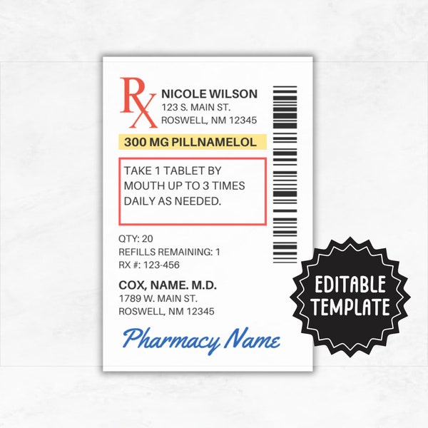 Prescription Label Template | Editable RX Bottle Label Template | Party Favor | Fun Pill Bottle Label | Custom Prescription Bottle Label