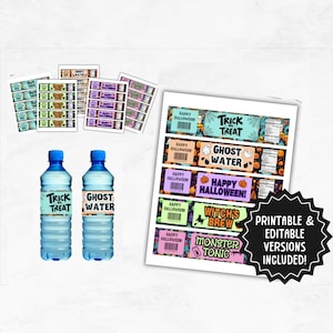 May include: Printable Halloween water bottle labels with fun designs and text like "Trick or Treat", "Ghost Water", "Happy Halloween!" and "Witch's Brew".
