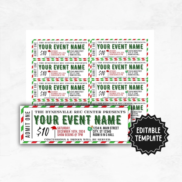 Plantilla de boleto para evento navideño / Boleto editable para eventos festivos / Plantilla de pase de invitación navideña imprimible