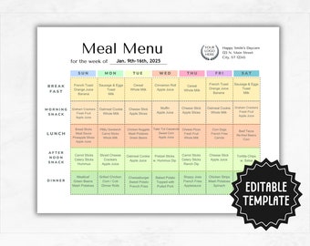 Daycare Weekly Menu Template | Editable Home Daycare Daily Schedule | Preschool Menu | Homeschool Meal Planner Template