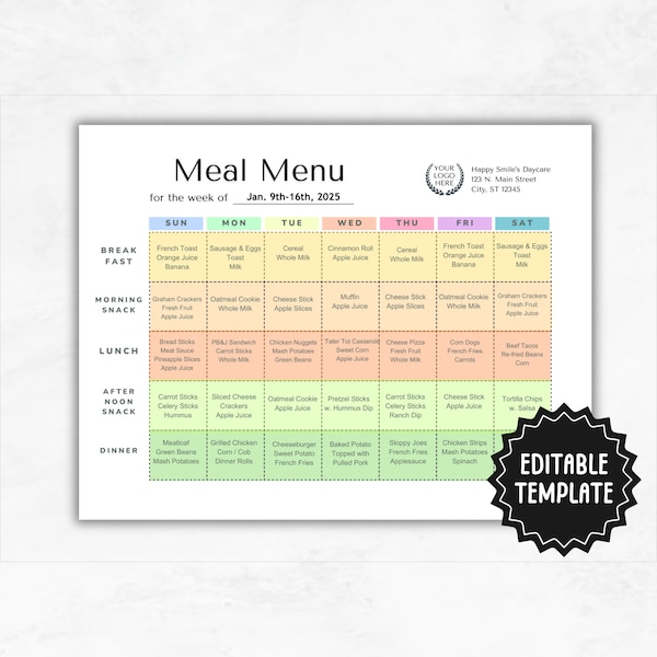 Daycare Weekly Menu Template | Editable Home Daycare Daily Schedule | Preschool Menu | Homeschool Meal Planner Template