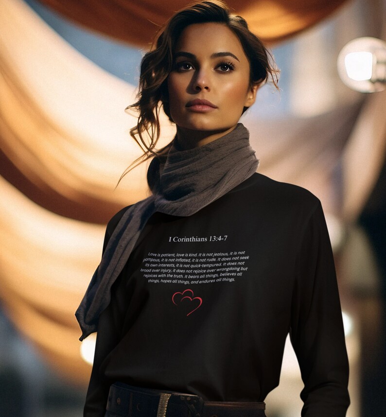 May include: Black long-sleeve shirt with a red heart and the text "I Corinthians 13:4-7" and a quote about love.