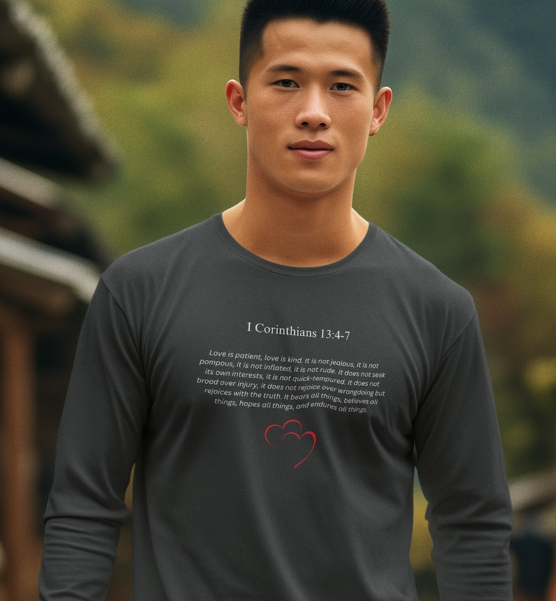 May include: A dark gray long-sleeve shirt with a white print of the Bible verse 1 Corinthians 13:4-7. The verse is about the characteristics of love. The shirt features a red heart graphic.