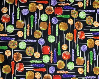 Candy Apples Fabric: Caramel Apples & Lollipops, Black Cotton