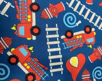 May include: Red and white fire trucks with ladders on a blue background. The trucks have yellow details and are surrounded by fire hydrants, hoses, and ladders.