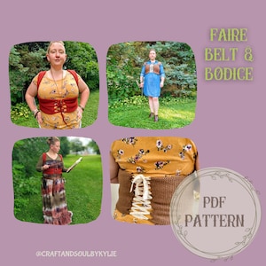 May include: A crochet pattern for a brown and cream laced belt and bodice. The pattern is called "Faire Belt & Bodice" and is available as a PDF download. The image shows the finished product being worn by a person in different poses.