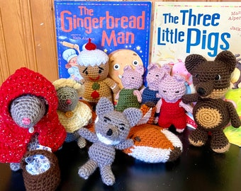Classic Story Book Playset Bundle,  Little Red Riding Hood, Three Little Pigs, Gingerbread Man, Waldorf Doll Toys for 3 4 5 Year Old