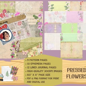 Pressed Flowers Digital Junk Journal Kit, Printable Junk Journal Digikit, Vintage Spring Ephemera, Printable Scrapbook Kit
