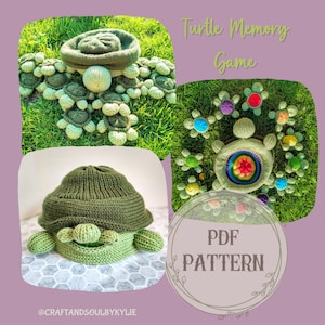 May include: A crochet turtle memory game with a PDF pattern. The game includes a large green turtle with a colourful shell and smaller green turtles with flowers on their shells. The pattern is for a crochet turtle memory game.