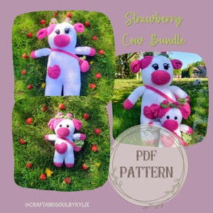 May include: A crochet pattern for a strawberry cow bundle. The pattern includes instructions for making a large cow and a smaller calf. The cows are white with pink accents and are holding a pink heart. The pattern is available as a PDF download.