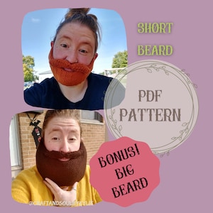 May include: Two people wearing knitted beard accessories. The person at the top is wearing a short orange beard and the person at the bottom is wearing a longer brown beard. The image includes the text "SHORT BEARD", "PDF PATTERN", and "BONUS! BIG BEARD".