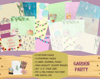 Garden Party Digital Junk Journal Kit, Printable Junk Journal Digikit, Spring Ephemera, Printable Scrapbook Kit, Digital Embellishments