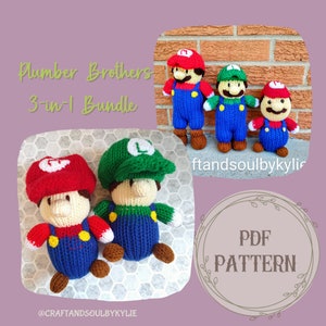 May include: A PDF pattern for crocheting three knitted plush toys: Mario, Luigi, and a smaller version of Mario. The toys are dressed in their signature overalls and hats. The image includes the text "Plumber Brothers 3-in-1 Bundle" and "PDF PATTERN".