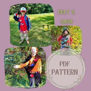 May include: A digital PDF pattern for a belt and sash with a green, brown, and red color scheme. The pattern is shown on two people wearing the finished product. The text "BELT & SASH" and "PDF PATTERN" is included in the image.