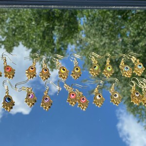 Assorted Color Hamsa Hand Gold Dangle Earrings | Stylish and Spiritual Jewelry