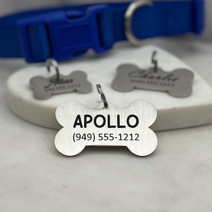 Dog Bone Engraved Dog Tag • Silver Dog Tag Stainless Steel • Dog Name and Phone Tag • Personalized Dog Tag • Custom Dog Tag • Puppy Tag