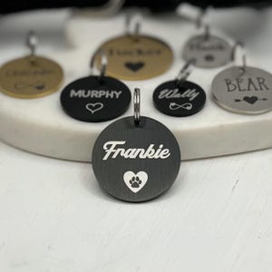 Round Engraved Dog Tag • Black Stainless Steel Dog Tag • Name and Symbol Pet Tag • Personalized Custom Dog Tag • New Puppy Gift
