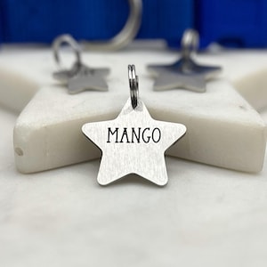 May include: A silver star-shaped pet tag with the name "MANGO" engraved on it.