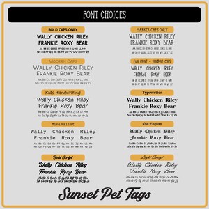 May include: A chart showing different font styles for pet tags. The font styles include Bold Caps Only, Modern Caps, Kids Handwriting, Minimalist, Bold Script, Marker Caps Only, Fun Print - Random Caps, Typewriter, Old English, and Light Script. The chart shows the alphabet in each font style.