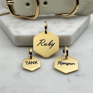 Hexagon Shaped Engraved Dog Tag • Gold Dog Tag Stainless Steel • Personalized Dog Tag • Custom Dog Tag • Dog Name Tag • Puppy Tag