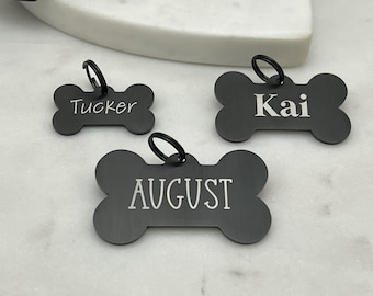 Dog Bone Shaped Engraved Dog Tag • Black Dog Tag Stainless Steel • Personalized Dog Tag • Custom Dog Tag • Dog Name Tag • Puppy Tag