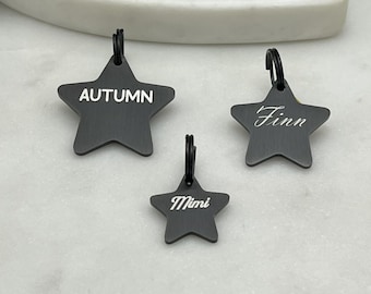 Star Shaped Engraved Dog Tag • Black Stainless Steel • Personalized Dog Tag • Custom Dog Tag • Dog Name Tag • Puppy Tag