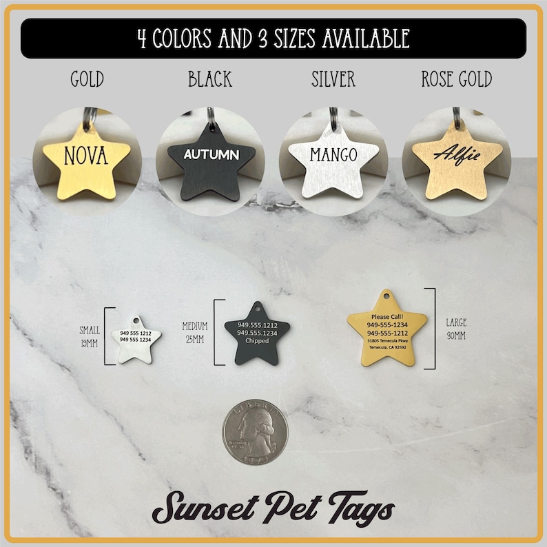 May include: Four star-shaped pet ID tags in gold, black, silver, and rose gold. The tags are available in three sizes: small (19mm), medium (25mm), and large (30mm). The tags are engraved with phone numbers and the words "Please Call" and "Chipped".