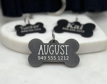 Dog Bone Engraved Dog Tag • Black Dog Tag Stainless Steel • Dog Name and Phone Tag • Personalized Dog Tag • Custom Dog Tag • Puppy Tag