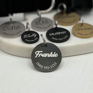 Round Engraved Dog Tag • Black Stainless Steel Dog Tag • Name and Phone Pet Tag • Personalized Custom Dog Tag • New Puppy Gift