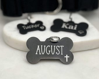 Bone Shaped Dog Tag • Black Dog Tag Stainless Steel • Dog Name and Symbols Tag • Personalized Dog Tag • Custom Dog Tag • Puppy Tag
