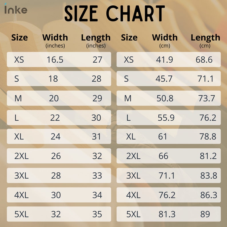 May include: Size chart for clothing with measurements in inches and centimeters. The chart shows the width and length of different sizes, from XS to 5XL.