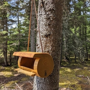 May include: A wooden bird feeder hanging from a tree branch. The feeder is made from a log with a cut-out for birds to eat from. The feeder is brown and has a small perch for birds to land on.