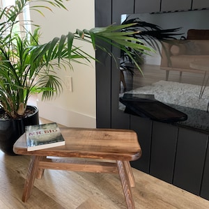 May include: A small, rustic wooden bench with a rectangular top and angled legs. The bench is made of reclaimed wood, showcasing natural grain and colour variations. A book titled "MR. BIG" rests on the bench. The bench is approximately 46 cm long.