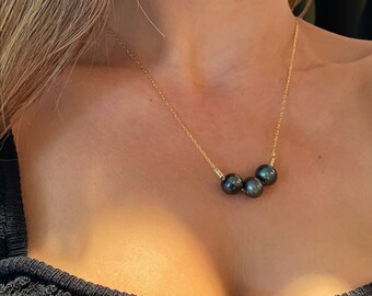 Blue Pearl Necklace: Gold Filled Chain, Three Freshwater Pearls