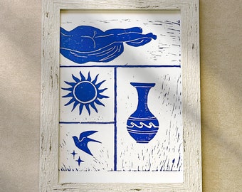 Linosnede print/A4 handgedrukte Lino Art Print/oude Griekenland/Griekse mythologie/vrouw blauwe illustratie/handgemaakte blauwe linosnede/Grieks aardewerk