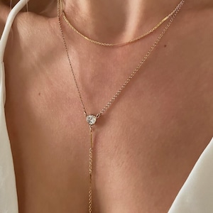 Zierliche Lariat Halskette, Zarte Y-Halskette, Diamant CZ Halskette, Einfache Halskette, Minimalistische Goldkette Lariat Halskette