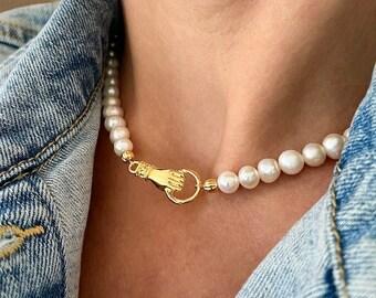 Gold Hamsa Hand & Pearl Necklace
