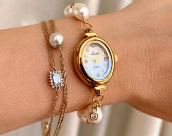 Gold Vintage Womens Watch, Pearl Watch, Dainty Watch, Dainty Gold Watch, Real Pearl Bracelet Watch, Freshwater Watch